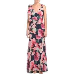 NEW Carmen Marc Valvo Infusion Navy & Pink Floral Chiffon Mermaid Gown Plus Sz16
